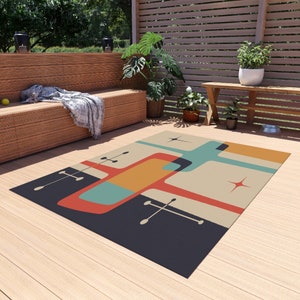 Mid Century Modern Atomic Starburst Indoor-Outdoor Rug, Beige, Teal, Geometric Abstract Porch Rug, Retro Patio Rug, MCM Home Decor