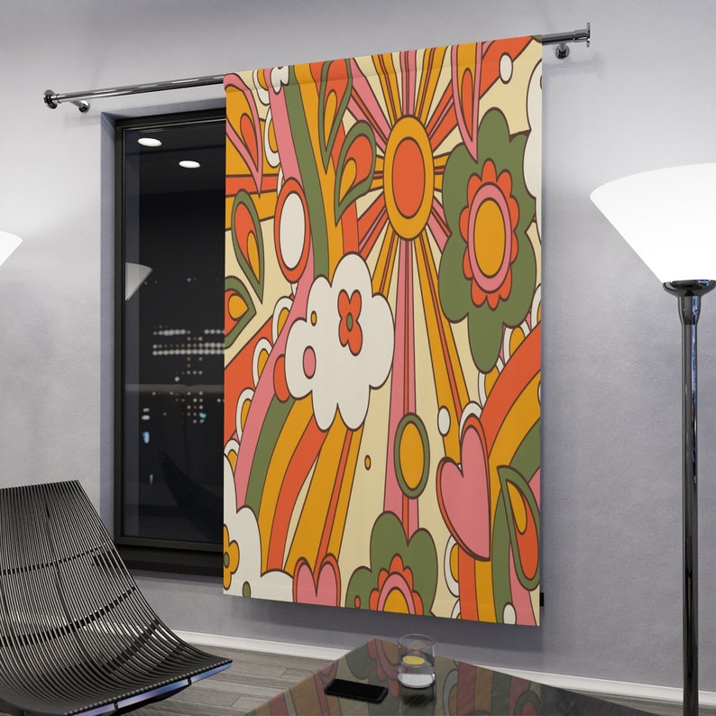 70s Display Window Window Curtains in Mid Century Modern Retro Groovy Hippie 70s Sunburst ...