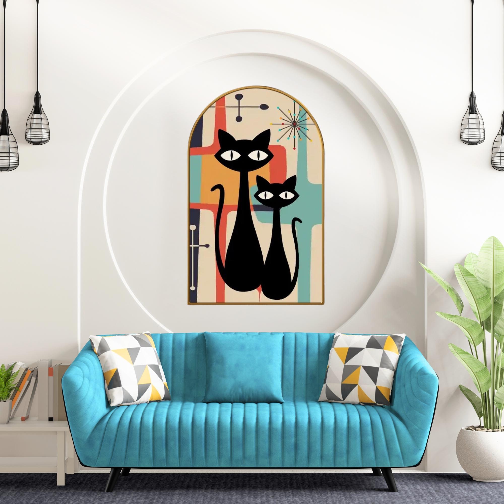 Atomic Cat Arched Wall Art, Mid Century Modern Abstract Canvas