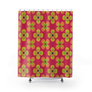 May include: A red shower curtain with a repeating pattern of multi-colored flowers. The flowers are yellow, orange, and green with black centers.