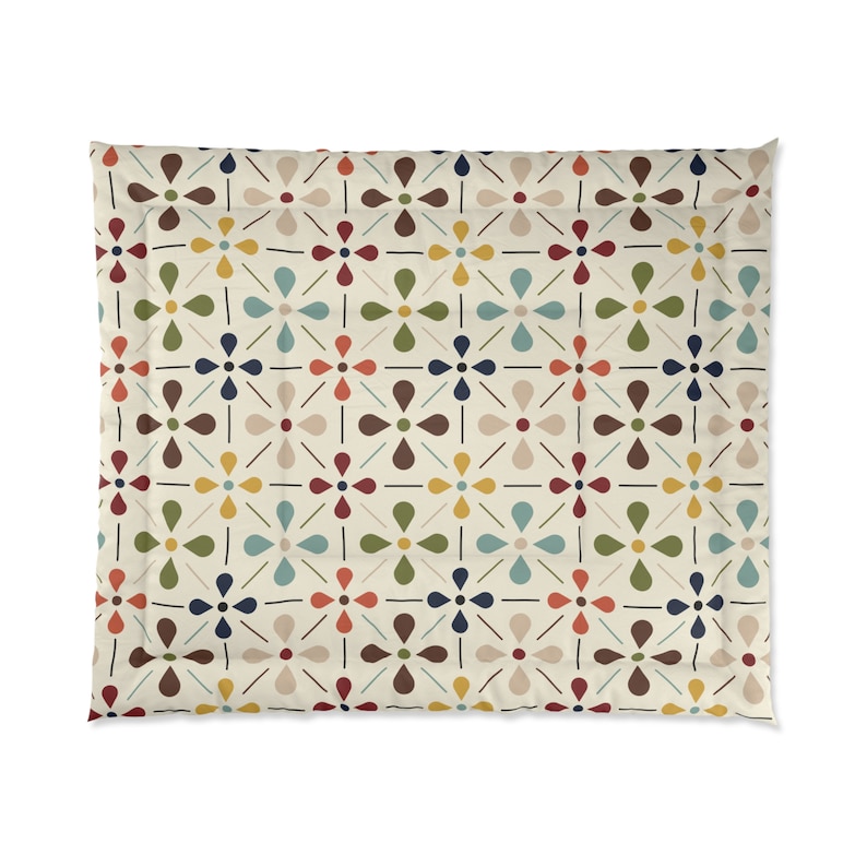 MCM Floral Comforter, Minimalist Scandinavian Modern Danish Retro Whimsical Blooms Bedding image 2