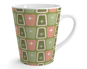 Retro Atomic Starburst Latte Mug, Mid Century Modern Pink, Green Coffee Mug, Housewarming Gift, Birthday Gift, Gift for Coffee Lovers