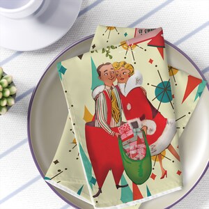 Retro Vintage 50s Franciscan Diamond Starburst Kitsch Christmas Card Art Napkins, Mid Century Holiday Linens