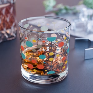 Retro Atomic Starburst Whiskey Glass, Mid Century Modern Old Fashioned Lowball, 10oz Rocks Glass, MCM Barware