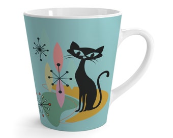 Mid Century Modern Cat Mug, Teal Retro Latte Cup, Vintage Atomic Design, Cat Lover Gift, MCM Coffee Mug, Ceramic Drinkware, Kitty Mug