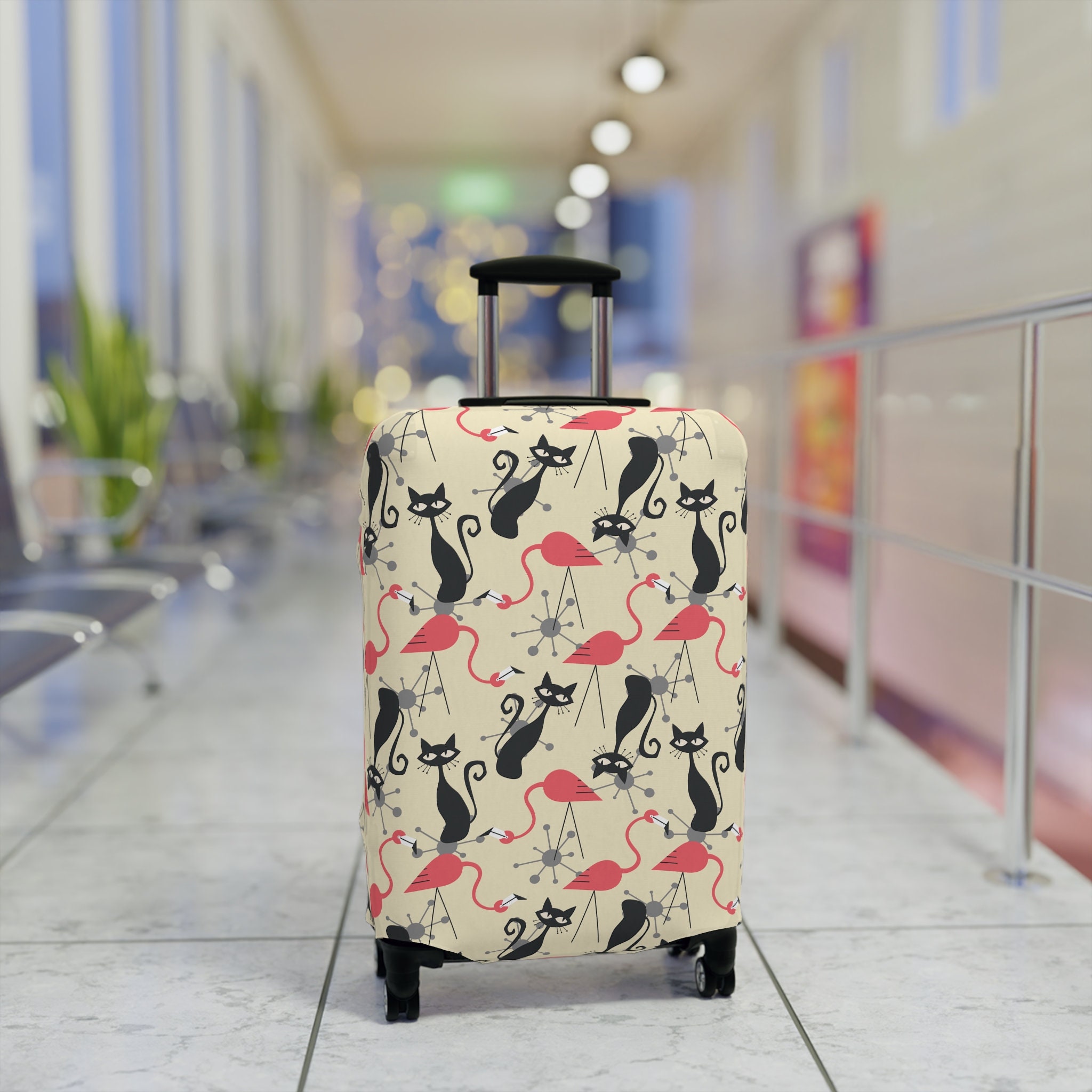 Atomic Cat, Flamingo Mid Century Modern Luggage Cover, Retro Whimsy MCM Starburst Cream, Pink, Gray Suitcase Protector