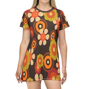 Retro Funky Groovy Hippie Boho Floral T-Shirt Dress, Mid Century Modern Brown, Lime Green, Orange, Summer Party Dress, Hippie Gifts
