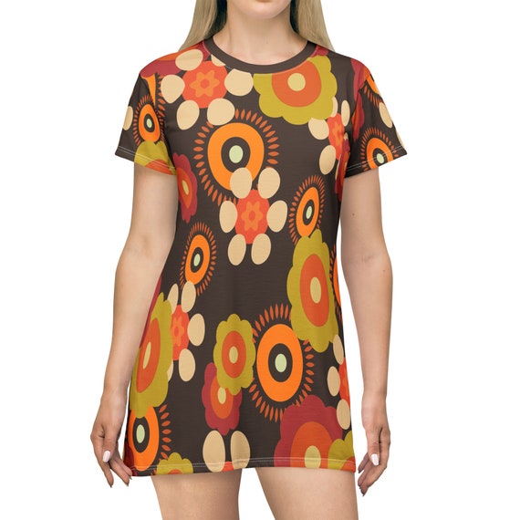 Retro Funky Groovy Hippie Boho Floral T-Shirt Dress, Mid Century Modern Brown, Lime Green, Mustard Yellow, Summer Party Dress, Hippie Gifts M Retro Funky Groovy Hippie Boho Floral T-Shirt Dress, Mid Century Modern Brown, Lime Green, Mustard Yellow, Summer Party Dress, Hippie Gifts M