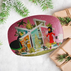 Plateau de Noël vintage rétro pour caniches, vaisselle pour dames de vacances modernes du milieu du siècle, assiette de divertissement kitsch MCM des années 50