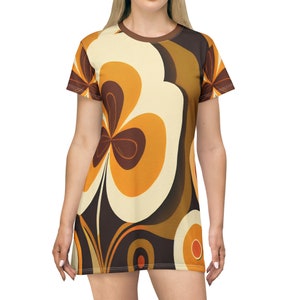 Groovy 60s MCM Retro Hippie Flower Power T-Shirt Dress, Mid Century Modern Hipster Boho Party Dress - 129982223