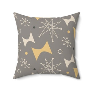 Retro 1950s Atomic Starburst Throw Pillow with Insert, Mid Century Modern Gray, Mustard Yellow, Sputnik Accent Pillows, Atomic Age Decor