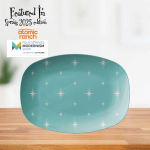 Retro 1950s Atomic Starburst Aqua Blue Mid Century Modern Platter, Atomic Age Kitchenware, Decorative MCM Serving Trays, Grilling Platter