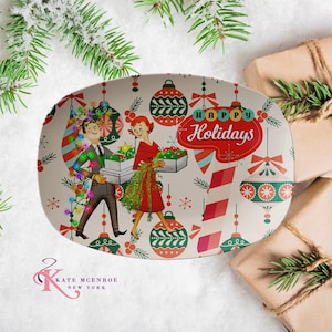 Plateau pour hôtesse Happy Holidays Vintage Retro Mid Mod, service de fête MCM