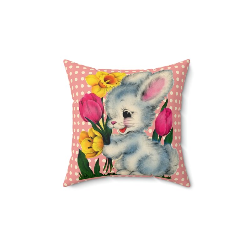 Vintage Kitschy Easter Bunny Throw Pillow Cover, Vintage Easter Card Inspired Cushion Covers, Easter Rabbit Spring Floral Pillow Case Gifts image 10