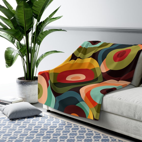 70s Psychedelic Orb Geometric Blanket, Retro Colorful Circles, MCM Fleece Living Room Decor - KM13729723