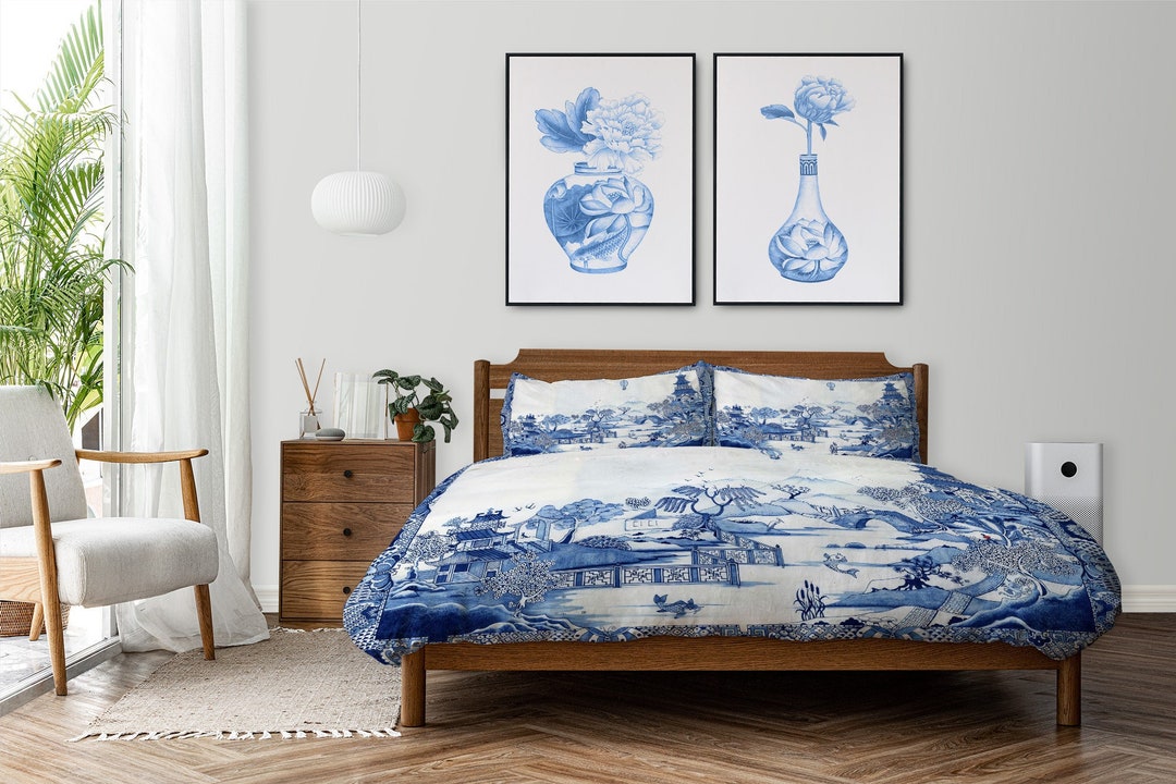 Set Di 2 Federe Per Cuscini Chinoiserie Blu E Bianche 45x45 Cm - Stampa Uccellini E Fiori, In Poliestere Morbido Con Cerniera Nascosta, Per Divano, Letto E Esterni