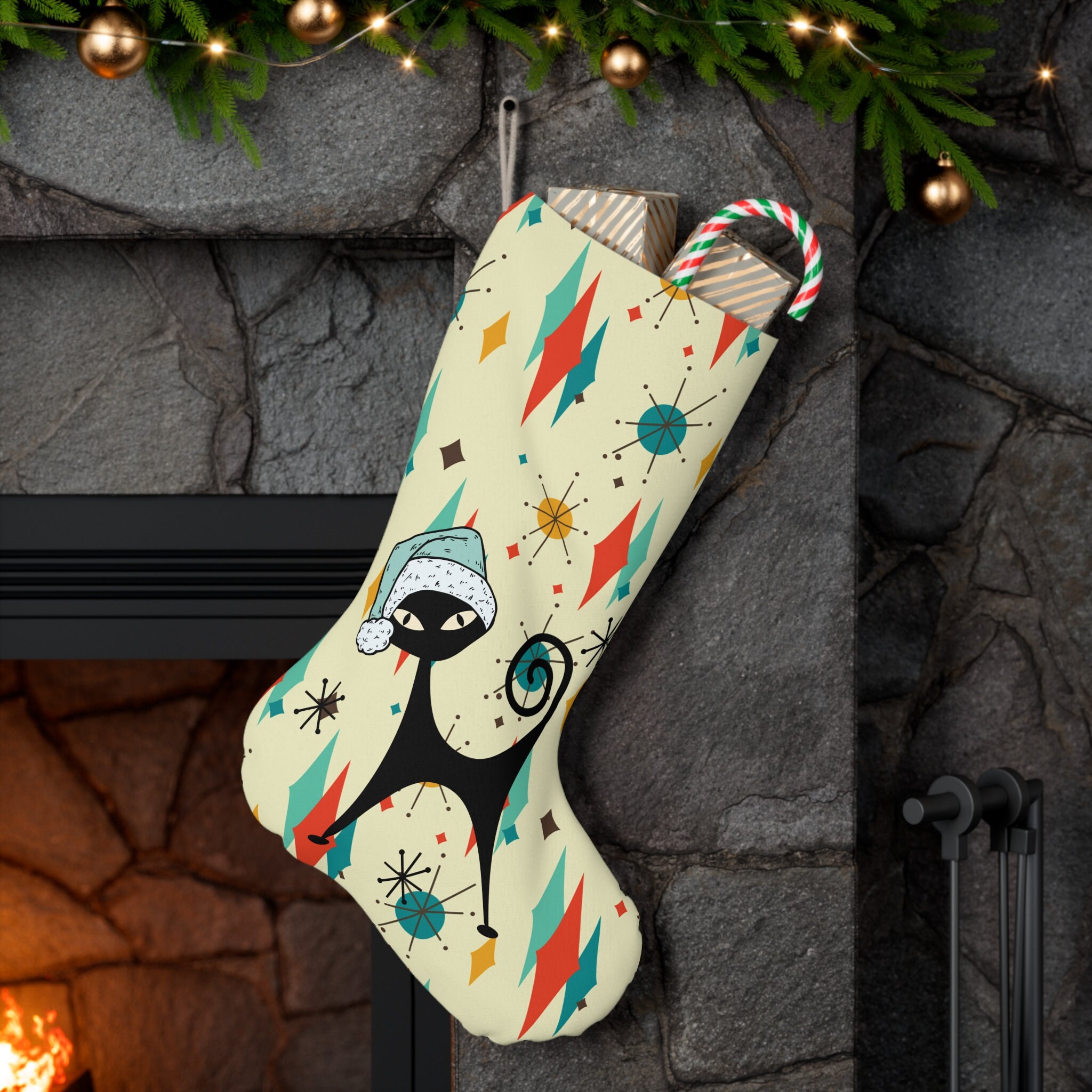 Discover Atomic Cat Christmas Stocking with Franciscan Diamond Starburst Design