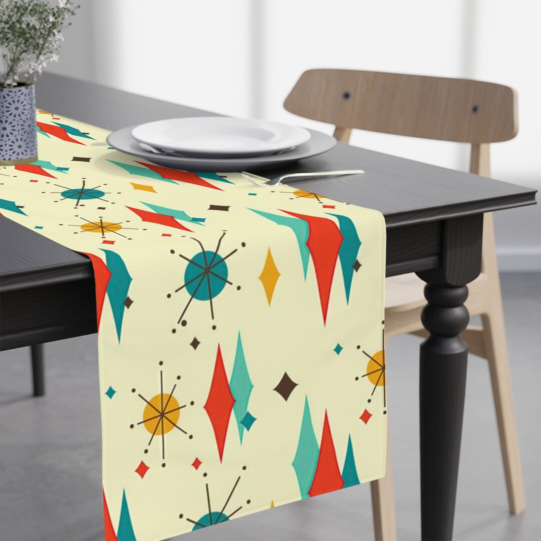 Mid Century Modern Franciscan Diamond Starburst Table Runner, Retro Beige, Orange, Teal, Mustard Yellow Table Linens, 50s MCM Dining Table Decor