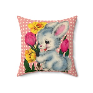 Vintage Kitschy Easter Bunny Throw Pillow Cover, Vintage Easter Card Inspired Cushion Covers, Easter Rabbit Spring Floral Pillow Case Gifts image 8