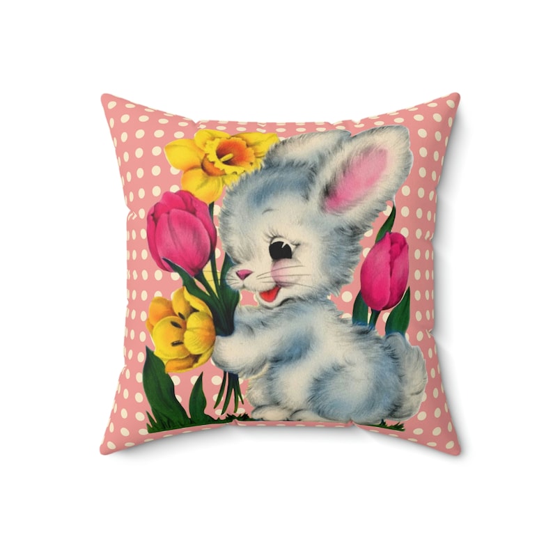 Vintage Kitschy Easter Bunny Throw Pillow Cover, Vintage Easter Card Inspired Cushion Covers, Easter Rabbit Spring Floral Pillow Case Gifts image 8