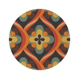 Retro Mid Mod Daisy Round Area Rug, 60s Floral Boho Burnt Orange ...