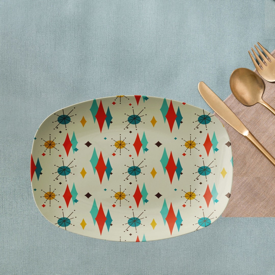 Mid Century Modern Franciscan Diamond Starburst Table Runner, Retro Beige, Orange, Teal, Mustard Yellow Table Linens, 50s MCM Dining Table Decor main image 0