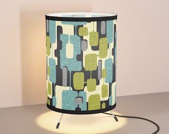 Lampe trépied abstraite moderne du milieu du siècle, sarcelle rétro, vert citron, gris, noir Lampe de bureau MCM, lampe d'accent géométrique de style vintage