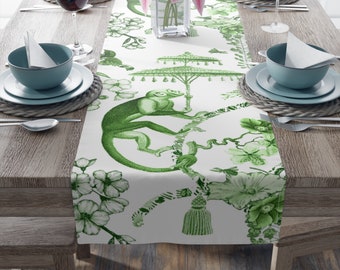 Chinoiserie Botanical Toile Table Runner, Floral Green, White Chinoiserie Jungle, Country Farmhouse Grandmillenial Table Decor