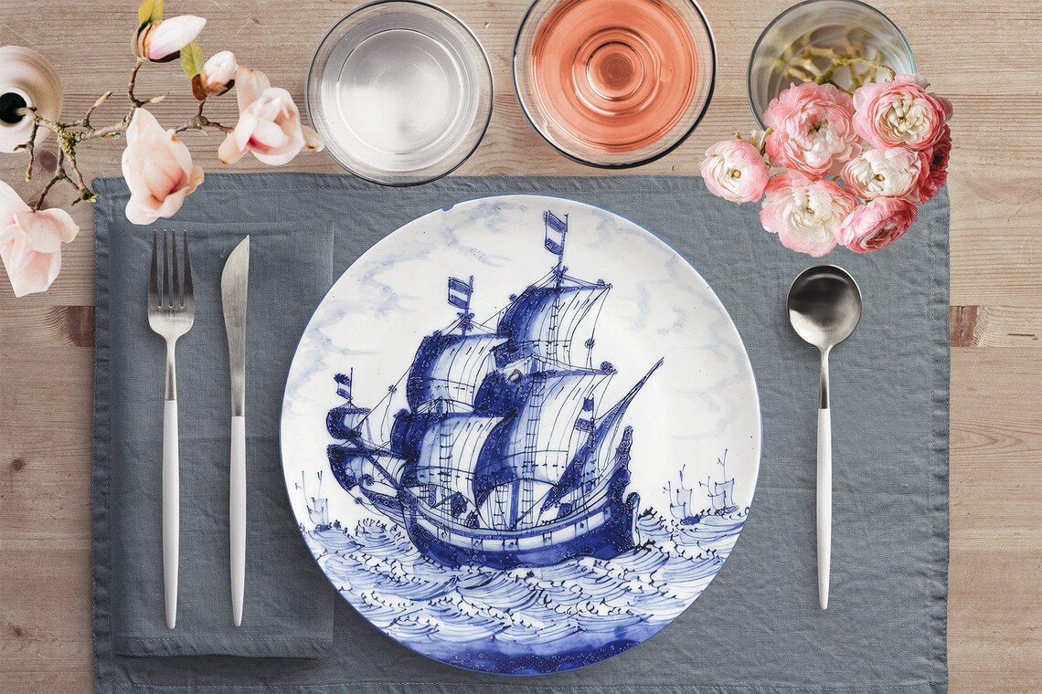 Dutch Tableware Dutch Delft Blue Whaling Ship Dinner Plates, Nautical Dinnerware ...