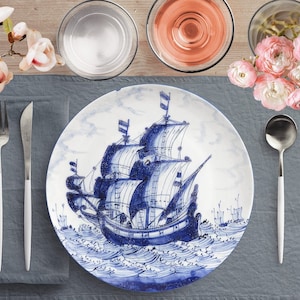 Dutch Delft Blue Whaling Ship Dinner Plates, Nautical Dinnerware, Vintage Maritime Dish
