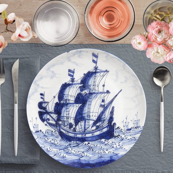 Dutch Delft Blue Whaling Ship Dinner Plates, Nautical Dinnerware, Vintage Maritime Dish