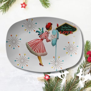 Carte de Noël vintage rétro kitsch des années 50, art du milieu du siècle, plateau de service