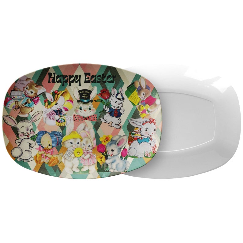 May include: A white oval serving platter with a colorful design of bunnies and the text "Happy Easter". The platter has a green, pink, and blue diamond pattern.