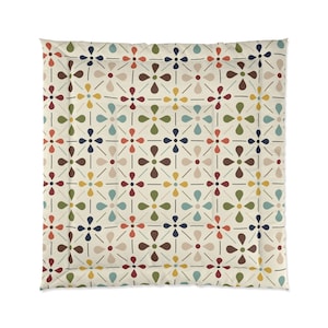 MCM Floral Comforter, Minimalist Scandinavian Modern Danish Retro Whimsical Blooms Bedding image 10