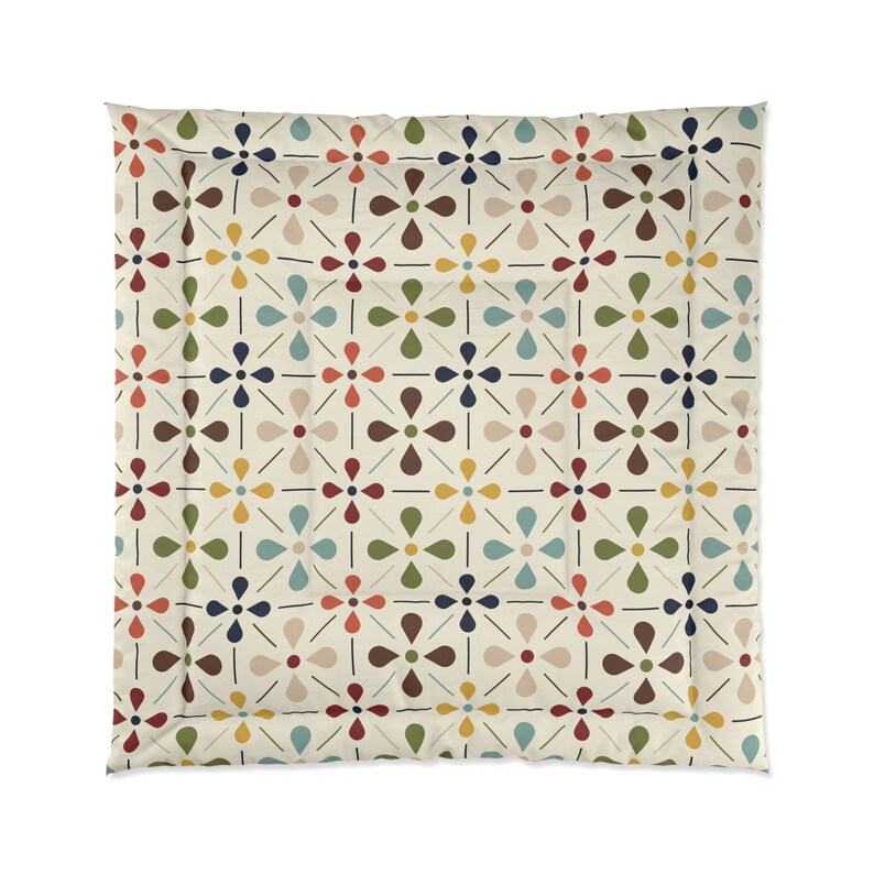 MCM Floral Comforter, Minimalist Scandinavian Modern Danish Retro Whimsical Blooms Bedding image 10