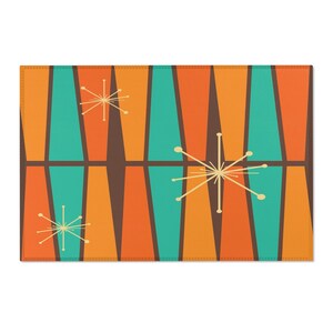 Dywan Atomic Area z lat 50. w stylu Mid Century Modern, retro vintage, spalony pomarańczowy, turkusowy, beżowy, musztardowo-żółty, geometryczny abstrakcyjny dywan akcentowy, dywan MCM 60" × 36"