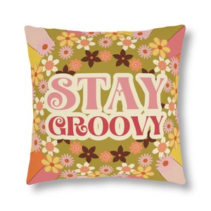 Retro 1960s Floral Outdoor Throw Pillows, Flower Child Mid Century Modern Waterproof Patio & Porch Decor