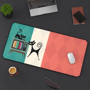 Retro Atomic Cat Desk Mat, Mid Century Modern Office Accessory, Fun MCM Workspace Decor