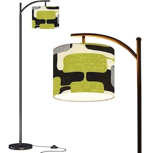Mid Century Modern Farbblock Bogen-Stehlampe, Retro Teal, Lindgrün, Grau, Schwarz MCM Akzentbeleuchtung