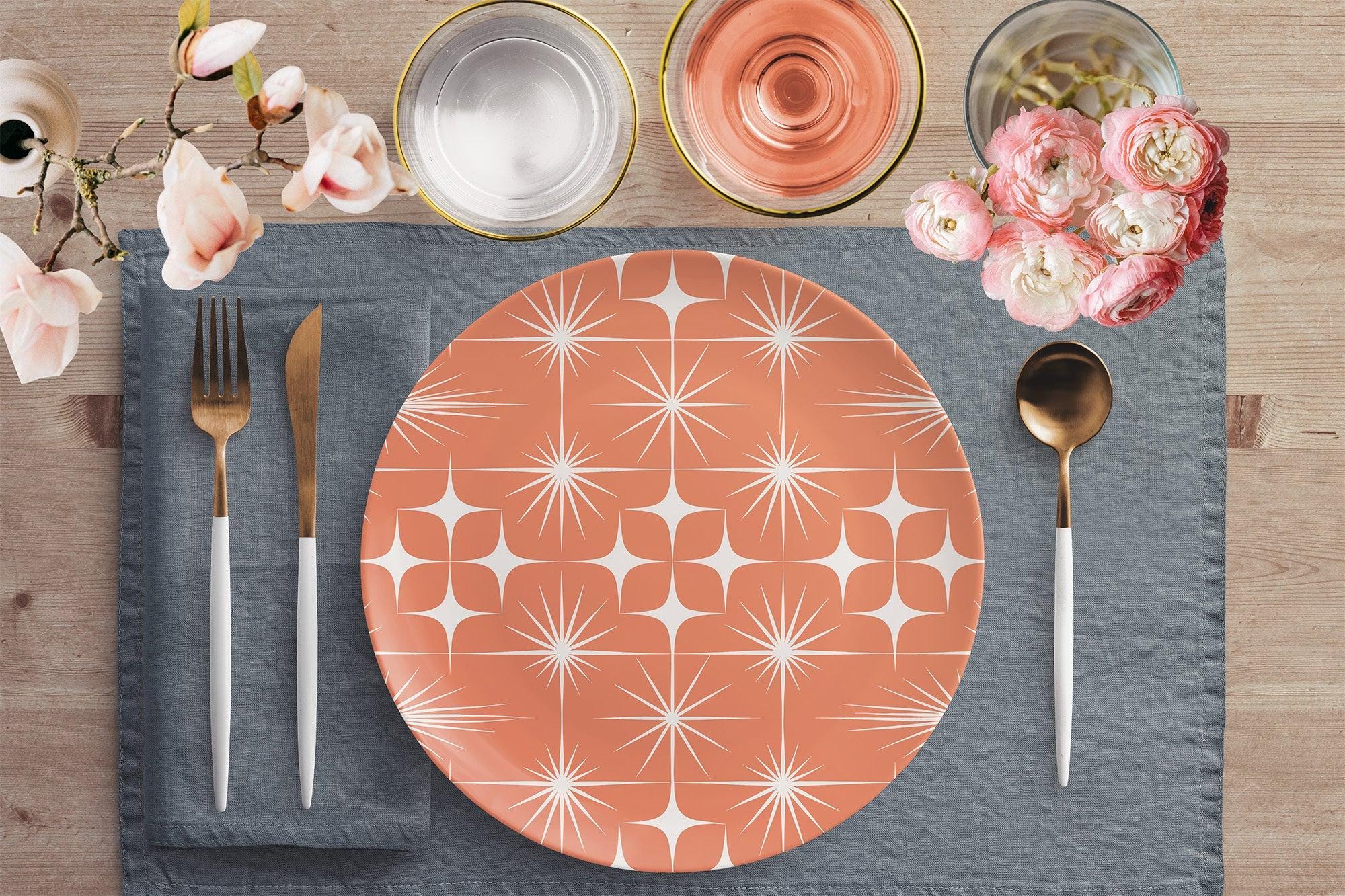 Mid Century Modern Atomic Starburst Dinner Plate, Retro 1950s Coral, Beige MCM Kitchenware