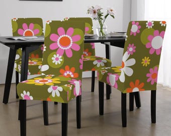 Groovy Flower Power Dining Chair Slipcover, Retro 70s Floral Cover
