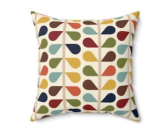 Mid Century Modern Retro Throw Pillow with Insert, 50s Floral Teal, Mustard, Green, Brown Sofa Cushions