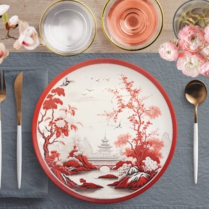 Chinoiserie Red Blossom Pagoda Landschaft Speiseteller, Vintage Oriental Birds Essgeschirr