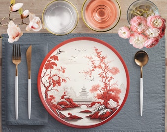 Chinoiserie Red Blossom Pagoda Landscape Dinner Plates, Vintage Oriental Birds Dinnerware