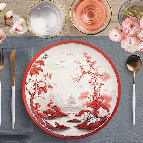 Assiettes à dîner chinoiseries Red Blossom Pagoda Landscape, vaisselle vintage avec oiseaux orientaux