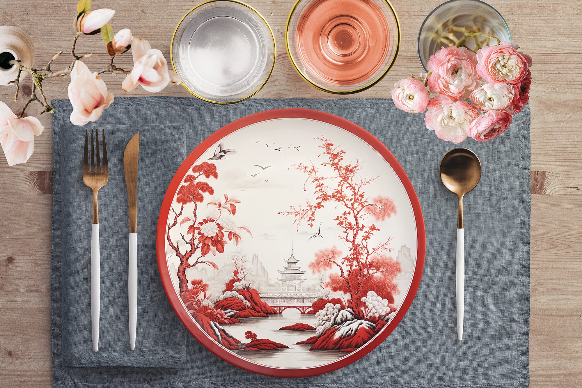 Chinoiserie Red Blossom Pagoda Landscape Dinner Plates