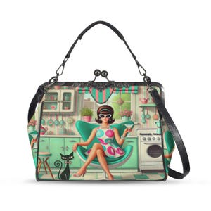 May include: A retro-style handbag with a black strap and clasp. The bag features a colorful illustration of a woman in a polka-dot dress, seated in a teal chair in a kitchen setting, with a black cat.