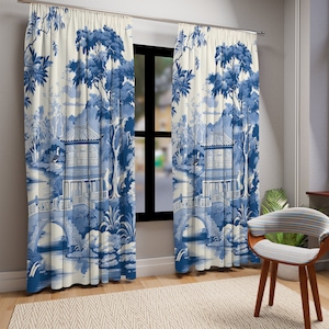 Tende da finestra Chinoiserie Pagoda Floral, tende a pannelli tradizionali asiatici con scena di campagna, stile Grandmillennial Country Farmhouse 11208823