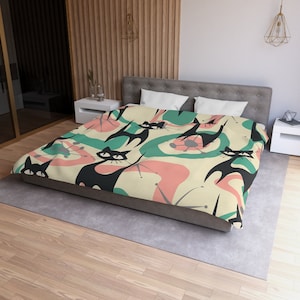 Mid Century Modern Atomic Cat Duvet Cover, 1960s Retro Geometric Peach, Mint MCM Bedding