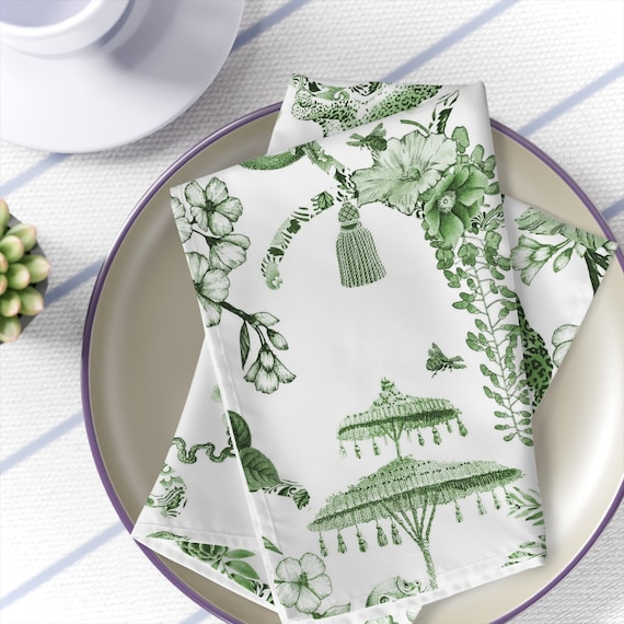 Set of 4 Chinoiserie Cloth Napkins, Floral Green, White Chinoiserie Jungle Table  Linen, Country Farmhouse Botanical Toile Table Decor 